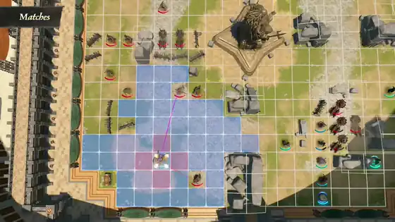 Fire Emblem: Fortune's Weave battle map with blue move range and red attack range